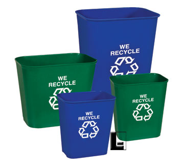 Fire Retardant Recycling Wastebaskets - Blue & Green with Recycle Logo