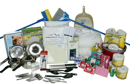 Kit Items Include: (2) Pillows Sponge Dust Pan Sponge Mop Angle Broom Oblong Metal Pan (2) Bath Towel (2) Hand Towel (2) Wash Cloth Basting Spoon - Black Slotted Spoon - Black Small Turner - Black 3 Piece Knife Set Hand Can Opener 10 Qt. Mop Pail - Red 7 Piece Cookware, Single Ply All Purpose Cleaner Plastic Salt & Pepper Shakers 2 Pack 60 Watt Light Bulbs C-Ring Shower Hooks, Vanilla 13 Gallon Trash Bags, 12 Count (4) Dominion Teaspoons (4) Dominion Dinner Fork (4) Dominion Dinner Knife Laundry Bag, 24" x 36" - White Palmolive Dish Washing Liquid, 3 Oz. 21 Oz. Ajax Powder (2) All Laundry Liquid, 2 Oz. Pouch (4) Toilet Paper (2) Paper Towels (2) Safeguard, 4.3 Oz. Soap Bars 22 Qt. Wastebasket - White T130 Queen Sheet Set, Bone 2.4 GU Shower Liner with Magnets - Bone 16 Piece Melamine Dinnerware, White 94" x 94" Queen Microloft Blanket Kitchen Towel Kitchen Scissors