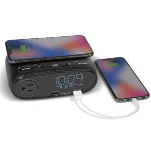 iHome HW6B Preset Bedside Clock with Single Day Alarm, Qi Wireless Charging, AC Outlet, and Dual USB Quick Charging for hotels