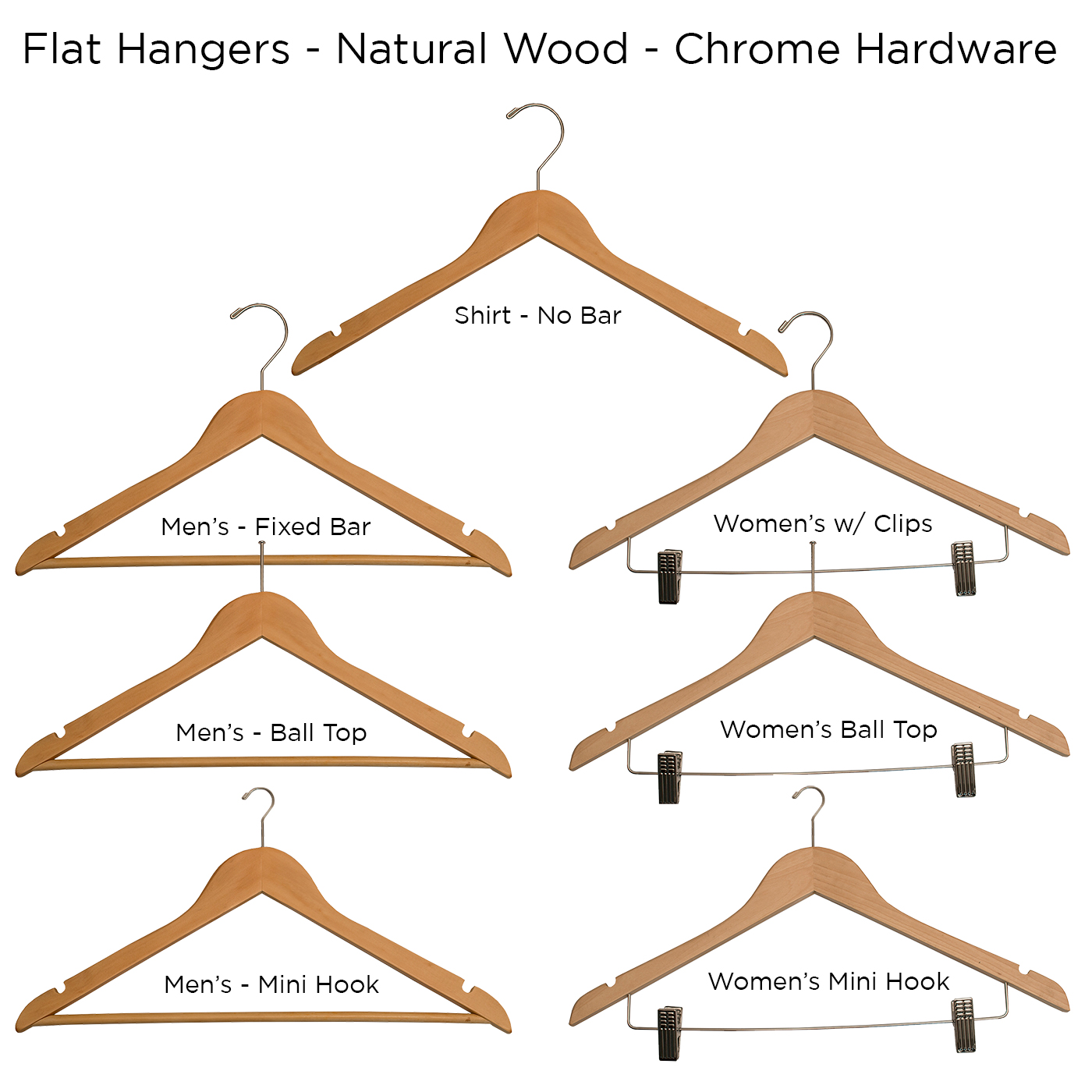 Flat Hangers - Multiple Styles - Natural/Chrome - Case of 100 - Lodging Kit  Company