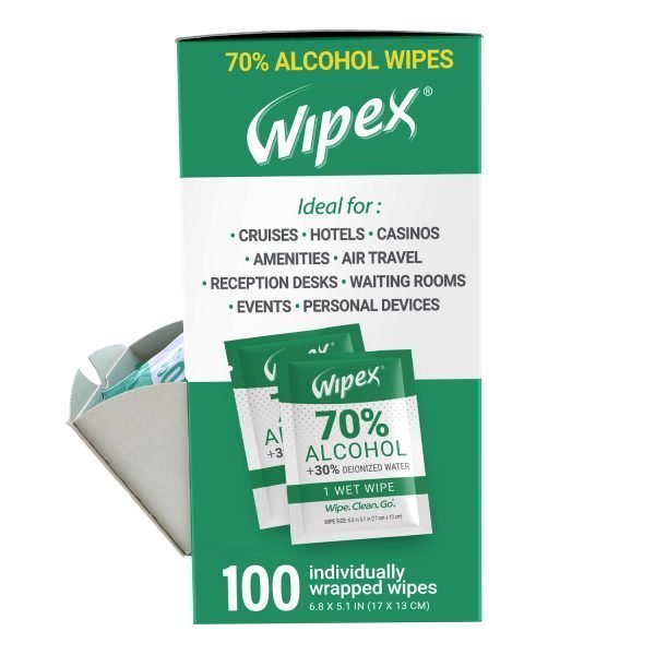Individually Wrapped sanitizer alcohol wipes in dispenser box